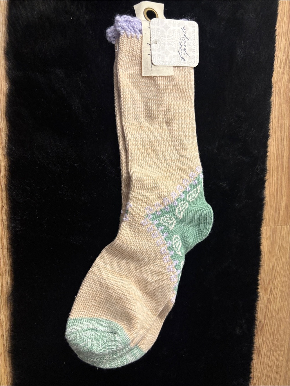 Free People Beige Crew Socks with Mint Green and Lilac Trim